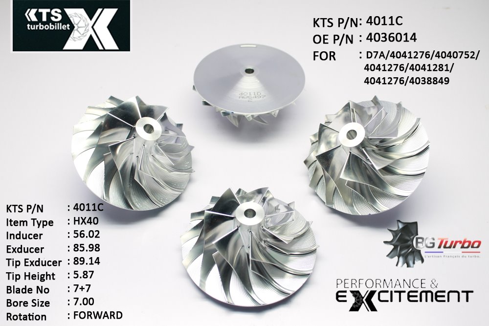 Turbo ROUE FORGÉE MFS PERFORMANCE - 7+7 PALES - INDUCER : 56,02 - EXDUCER : 85,98 - TYPE : HX40ANGLE : 50° - ROTATION : Forward - SUPER BACK : 4,96 - BORE SIZE : 7
